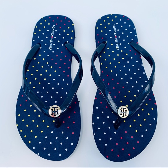 Tommy Hilfiger Flip Flop Navy/Color dots/Gold Sz 7 - Picture 4 of 12